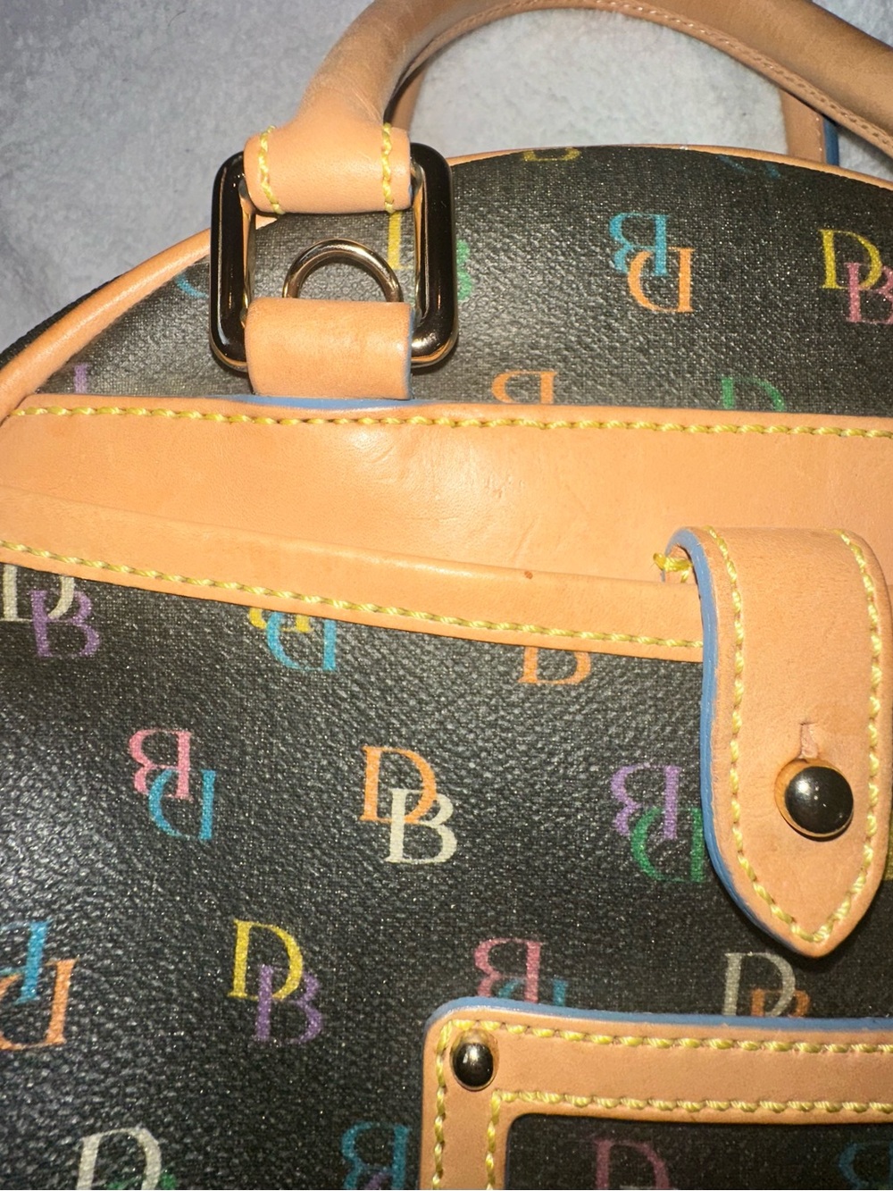 Vintage Dooney & Bourke Black Multicolor DB Logo Mini Satchel with Tan Trim - Picture 12 of 16